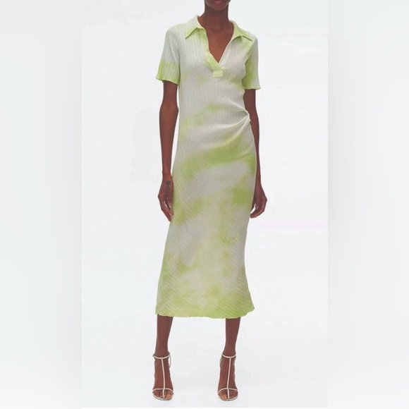 Helmut LangTie-Dye Rib Cotton Polo Midi Dress in Electric Yellow Batik Size M